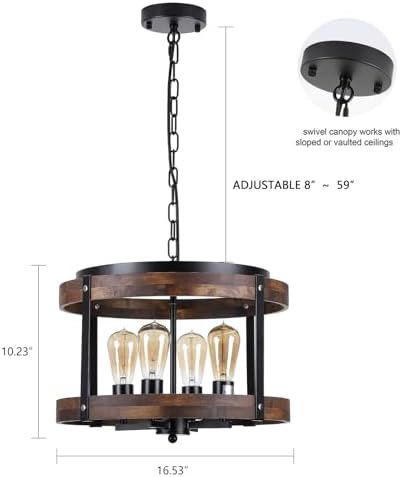 4-Light Large Rustic Farmhouse Wood Pendant Light Fixture with Adjustable Chain, 16.5 inch Oak Wood Drum Chandelier for Dining Room Kitchen Island Farmhouse Living Room Hallway, Black - Image 4