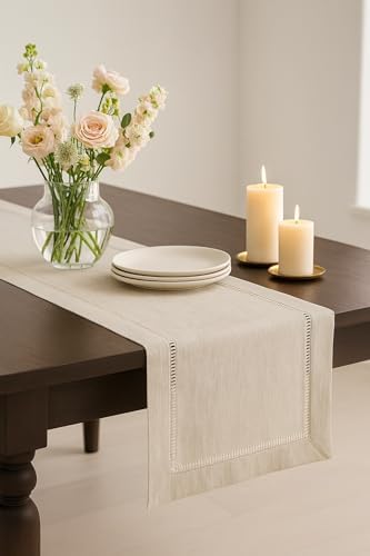 Fennco Styles Toscana Contemporary Hemstitched Linen Blend 16 x 120 Inch Table Runner for Dinner Table, Picnic Table, Parties, Wedding Decorations, Natural - Image 3