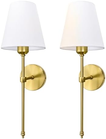 Bsmathom Wall Sconces Sets of 2, Hardwired Classic Brushed Brass Sconces Wall Lighting, Bathroom Vanity Light Fixture with Fabric Shade for Bedroom Living Room Hallway Kitchen, Bright Gold by Bsmathom