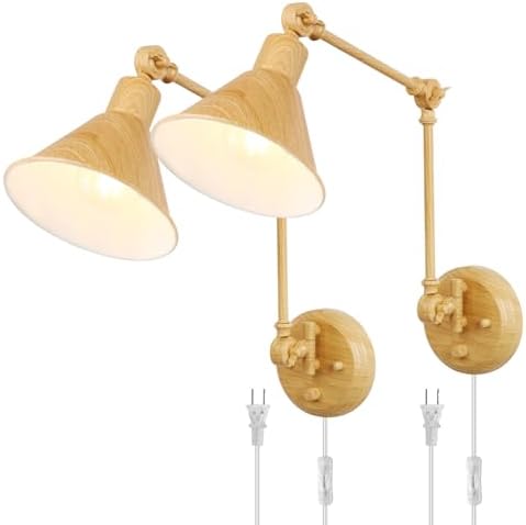TRLIFE Wall Sconces Plug in, Dimmable Wall Sconces Set of 2 Swing Arm Wall Lights Plug in Wall Mounted Light Industrial Wall Lights with 6FT Plug in Cord, E26 Base, UL Listed(Oak Color) by TRLIFE