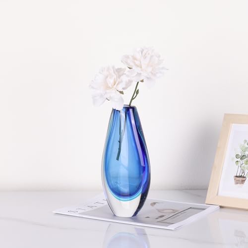 Hand Blown Glass Vase – 8.9" Tall Oval Decorative Art Glass with Colorful Speckled Finish, Luxury Centerpiece for Dining Table, Coffee Table, Mantel, Shelf, Murano Coastal Decor (Blue) - Image 6