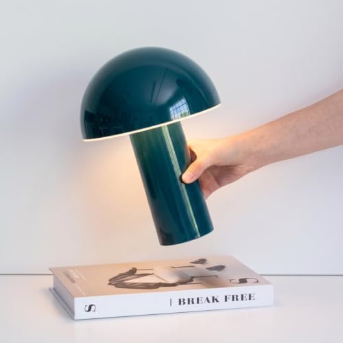 Brightech Celia Small Table Lamp – 10" Touch-Controlled Mushroom Accent Lamp, Cordless & Dimmable LED, Portable Bedside Night Light, Sustainable Light, Recycled Modern Patio Lamp for Home Décor – Teal by Brightech
