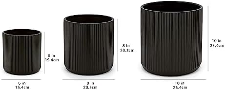 Amazon Basics Fluted Ceramic Planters for Indoor Outdoor Plants, Round Flower Pots with Drainage Hole, Set of 3, 6 inch, 8 inch, 10 inch, Black - Image 6