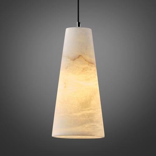 Natural Alabaster Pendant Lights Kitchen Island, H-10in White Pendant Light Fixtures, Light Pendant Marble Conical Shade Black, for Bedroom Bathroom Dining Room Living Room (Dimmable Bulbs INCL) by OSRoyce