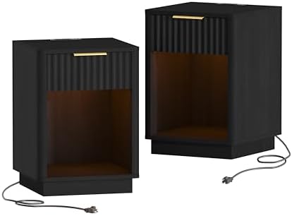 Akxomel Fluted Nightstand Set 2 Bedside Table with Charging Station Black - Image 7
