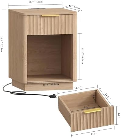 Akxomel Fluted Nightstand Bedside Table with Charging Station Oak - Image 2