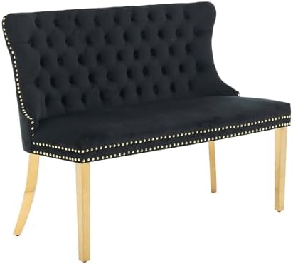 Black Velvet Dining Bench with Back, Tufted Banquette Seating, Gold Legs by Shenyon