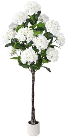 YEPDIN Set of 2 Artificial Hydrangea Tree 5 ft- Large Faux Hydrangea Plants Indoor Outdoor，Fake Flower Trees with White Tall Planter for Home Garden,Front Decor - Image 2