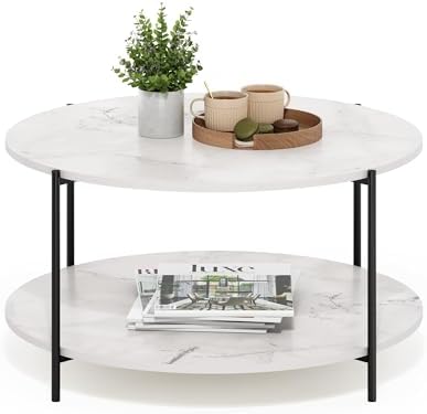 Furinno BESI 2-Tier Round Modern Coffee Table with Metal Legs, Marble White by Furinno-FitsYourSpaceFitsYourBudget