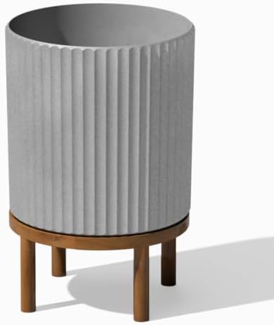 Veradek Demi Series Round Planter w/ Stand for Porch/Patio | Durable Plastic-Concrete & Wooden Stand | Modern Décor for Tall Plants, Flowers by VeradekOutdoor