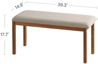 SIMTONAL French Country Dining Bench Wood, Vintage Farmhouse Bench, Fabric Upholstered Dining Chair, 1 Pieces, Light Oak - Image 2