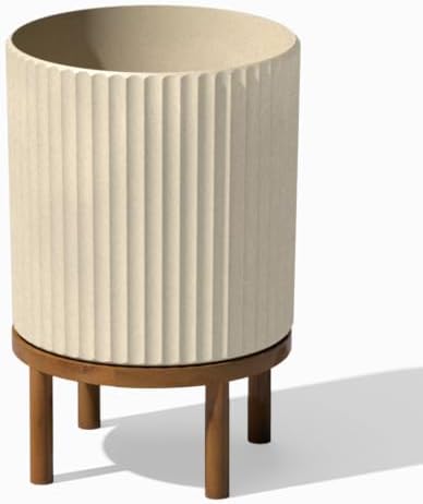 Veradek Demi Series Round Planter w/ Stand for Porch/Patio | Durable Plastic-Concrete & Wooden Stand | Modern Décor for Tall Plants, Flowers by VeradekOutdoor