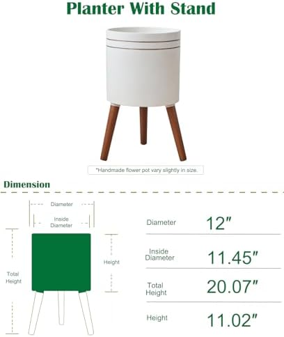 12 Inch Plant Pot with Oak Wood Stand, Large Planter for Indoor Plant, Simple Modern Flower Pot Flower Pot with Drainage Hole for Outdoor - Image 4