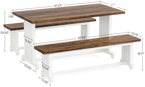 Tribesigns 47" Dining Table Set for 4, 3-Piece Kitchen Room Table with 2 Benches, Farmhouse Wood Dinner Furniture for Small Space, Home Living Room, White & Rustic Brown - Image 6