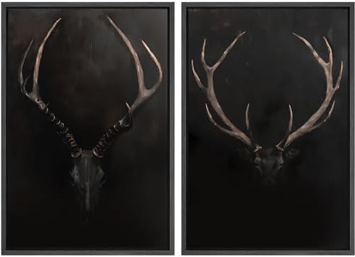 SIGNWIN Framed Canvas Print Wall Art Rustic Antler Skull Dark Dramatic Black Vintage-Inspired Deer and Elk Antlers Illustrations Decorative for Living Room, Bedroom, Office - 24"" x36 x2 Black by SIGNWIN
