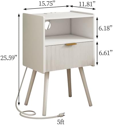 JOONEE White Nightstand with Outlet,Modern Bedside Table with Storage Drawer and Open Wood Shelf, for Living Room, Bedroom and Small Spaces, Accent Night Stand with Solid Wood Legs, Easy Assembly - Image 2