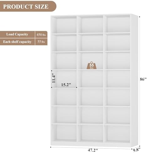 HOSTACK 86" H Triple Wide Bookshelf and Bookcase, Large Book Shelves, White - Image 3