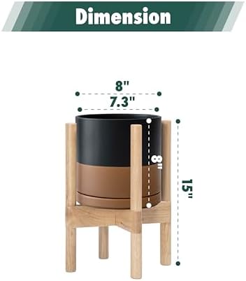 D'vine Dev Ceramic Pot with Natural Wood Stand, Black/Tan, 8 in, 55-B-N-7 - Image 3