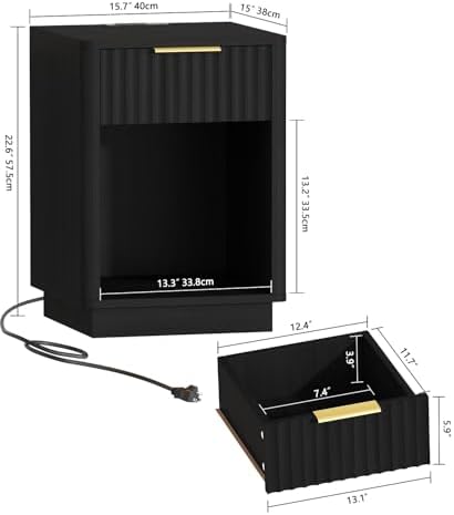 Akxomel Fluted Nightstand Set 2 Bedside Table with Charging Station Black - Image 3