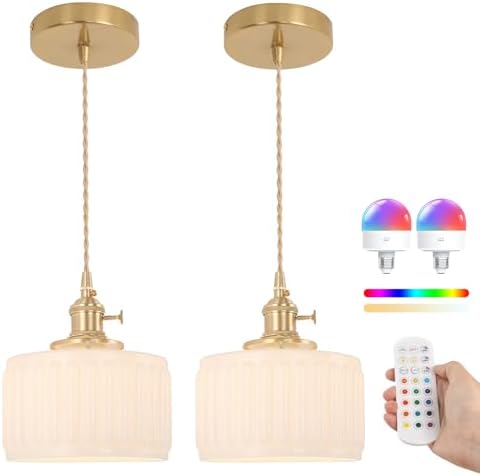 Shenmoyl Battery Operated Pendant Light 5000mAh Rechargeable Chandelier with Remote Control Wireless Adjustable Hanging White Striped Light for Kitchen Island Dining Room Hallway, 2 Pack by Shenmoyl