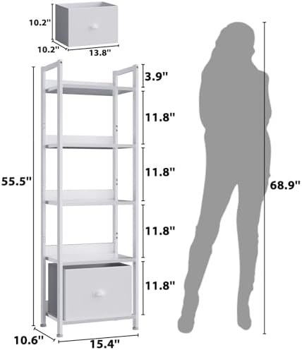 Furologee 5 Tier Bookshelf with Drawer, Tall Narrow Bookcase with Shelves, Wood and Metal Book Shelf Storage Organizer, Modern Display Standing Shelf Unit for Bedroom, Living Room, Office, White - Image 3