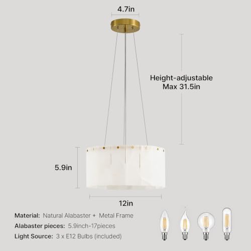 11.8" Small Alabaster Chandelier, Round Marble White Light Fixture - Image 5