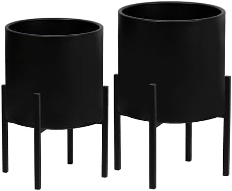 ARNIS Modern Plant Pots, Set of 2 Large Planters with Stand, Decorative Planters, Metal Pots with Drainage Holes for Living Room, Office, Garden or Balcony, 8.25 &10.5 Inch, Blcak - Image 2