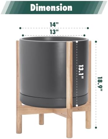D'vine Dev Ceramic Pot with Natural Wood Stand, Grey, 14 in, 55-B-R-3 - Image 3
