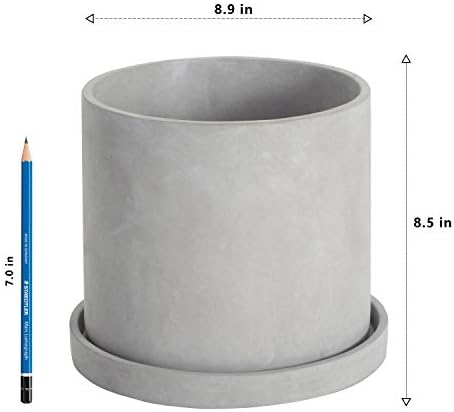 Ekirlin 9 Inch Flower Plant Pot Indoor - Grey Cement Garden Planter Concrete Planter with Drain Hole Saucer, Modern Succulents Containers for Home Decor, Office & Outdoor - Image 3