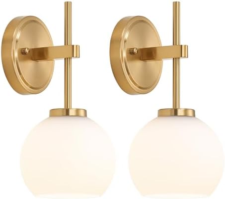 Gold Battery Operated Wall Sconce Set of 2, Wireless Rechargeable Sconces Wall Lighting with Remote Control, LED Dimmable Wall Lights with Opal White Glass Shade, 12 Colors RGB & 3 CCT Bulb by SANTOSTOCK