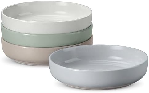 LIANYU Pasta Salad Bowls Set, 33oz Wide and Shallow Serving Bowls Set of 4, Deep Stoneware Plates for Serving Pasta, Noodle, Cereal, Non-Scratch, Four-color by LIANYU