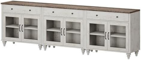WAMPAT Sideboard Buffet Cabinets with Glass Doors, Large Kitchen Storage Cabinets, Wooden Coffee Bar Tables with Vintage Gourd Leg, Sideboard Credenza Table for Dining Room, Living Room, Rustic White - Image 6