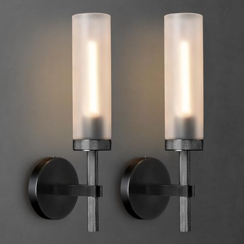 Bblack Knurled Wall Sconce 15", Bathroom Wall Sconce Set of Two,Glass Tube Brass Sconces Wall Lighting,Bathroom Sconces Side of Mirror,Vanity Sconce Lights for Bath by ZHFLT
