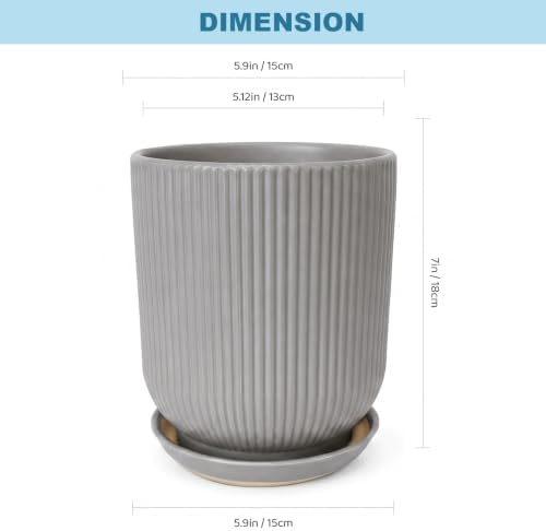 Deep Dream 6 Inch Ceramic Pots for Plants, Heavy Plant Pot for Indoor Outdoor Plants, Large Plant Pot with Drainage Hole and Saucer, Modern Tall Flower Pot, Gifts for Plant Lovers, Grey - Image 3