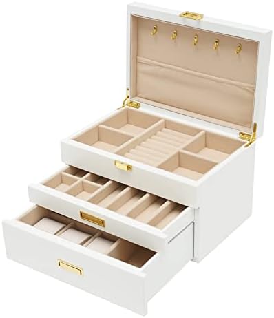3 Layers Jewelry Storage Box with 2 Drawers, Large Wooden Jewelry Box for Women and Girls Necklace Ring Watch Organizer, White - Image 5