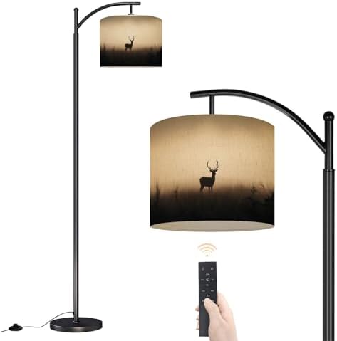 Arc Floor Lamp Silhouette Deer Big Antlers Foggy Dimmable Modern Standing Lamp with Remote Adjustable Drum Shade Footswitch Tall Pole Lamp for Living Room Bedroom by DERUINVAIO