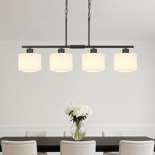 4-Light Kitchen Island Lighting, Modern Black Linear Dining Room Chandelier Light Fixtures with Milk Glass and Chain, Farmhouse Hanging Lights for Kitchen Island Dining Room, OS-YQ8153-4ISBKW by Osimir