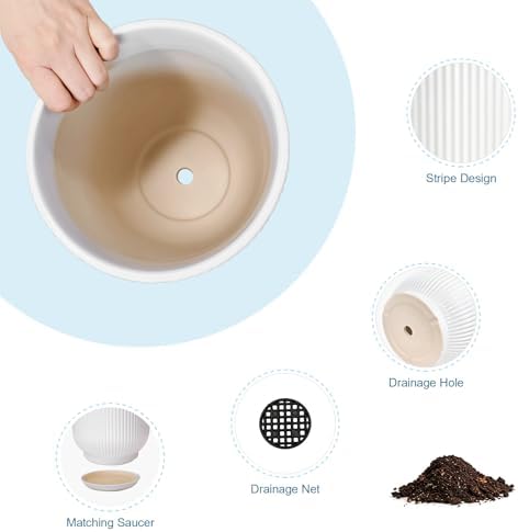 Deep Dream 8 Inch Ceramic Pots for Plants, Heavy Plant Pot for Indoor Outdoor Plants, Large Plant Pot with Drainage Hole and Saucer, Modern Tall Flower Pot, Gifts for Plant Lovers, White - Image 6