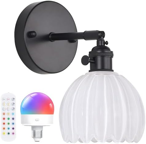 Shenmoyl Vintage Battery Operated Wall Sconce with White Tulip Glass Lampshade Rechargeable Battery Powered Black Wall Light with Remote Control for Bedside Bedroom Doorway by Shenmoyl