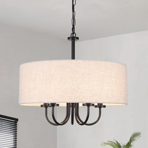 5 Lights Drum Chandelier for Dining Room 19" Modern Farmhouse Black Chandeliers with Shades Round Pendant Light Fixtures Linen Hanging Chandeliers for Bedroom Living Room Kitchen Over Table Foyer by LIHHGFGSChandelierLighting