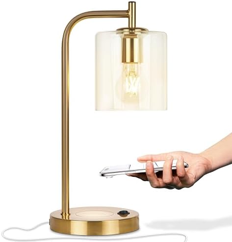 Brightech Elizabeth Table Lamp with Wireless Charging Pad and USB Port, Bedside Reading Lamp, Vintage Brass Gold Desk Lamp, Nightstand Lamp with LED Bulb for Bedroom, Living Room, Office by Brightech