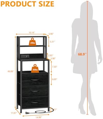 Furnulem Night Stand, Tall Nightstand with Charging Station for Bedroom - Image 2