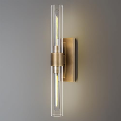 Brass Vanity Light Hardwired, 2-Light Bathroom Wall Sconce Over Mirror, 22.8" Gold Vanity Lights for Bathroom, Dimmable Wall Sconce with Glass Tube, Linear Wall Sconces vertical & horizontal, 1 PC by Joyunleo