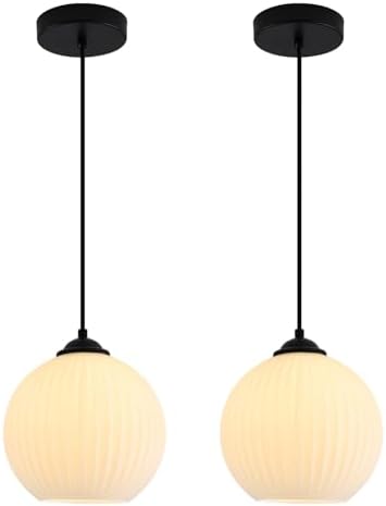 KCO Farmhouse Vintage Black 7.9” Ribbed Milk Glass Pendant Lights Set of 2 by KCOLighting