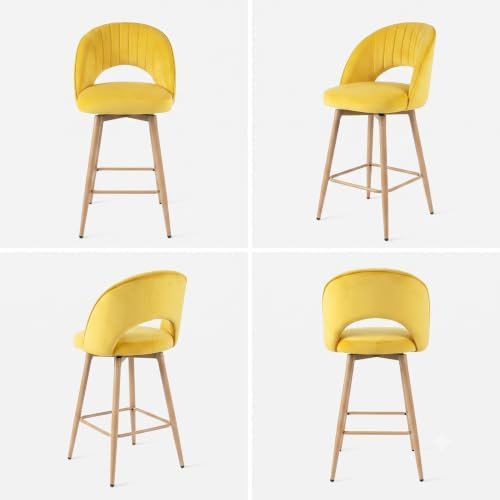Swivel Bar Stools Set of 3, Counter Height Barstools for Kitchen Island, 26" Seat Height Bar Chairs for Dining Room, Velvet Upholstered Bar Stool with Back and Footrest, Yellow - Image 5