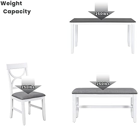 Farmhouse 6-Piece Dining Table Set, Wood Kitchen Dining Room Table Set with Upholstered Bench and 4 Dining Chairs, 60'' Rectangle Dining Table with Decoration Legs, Perfect for Family (White-K) - Image 4