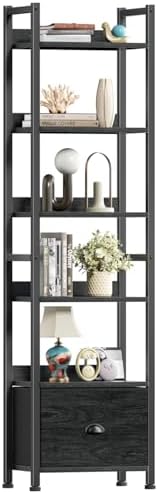 Furologee 6 Tier Bookshelf, Tall Shelf with Drawer, Wood and Metal Bookshelves Storage Organizer, Industrial Display Shelving Unit for Bedroom, Living Room, Home Office, Black Oak by Furologee