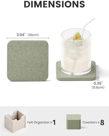 Fluxynara Felt Coasters with Holder, Set of 8 for Drinks, Sage - Image 2