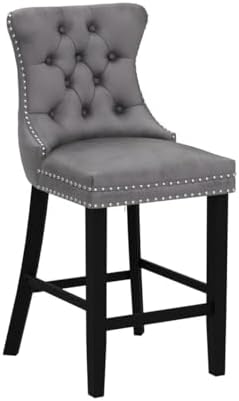 SoarFlash Modern Velvet Upholstered Bar Stools Set of 4 with Wood Legs, Button Tufted,Chrome Nailhead, Counterstool Seat, Armless Bar Chairs (Gray) - Image 4