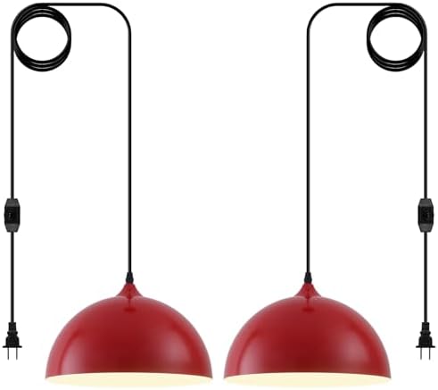 Red Plug in Pendant Light 2 Packs 11.8inch 14.7 ft, Farmhouse Pendant Light, Kitchen Pendant Lights, Pendant Lights Kitchen Island, Hanging Lights with Plug in Cord for Dining Room, Bedroom by SESIMENTLogoGoboProjector